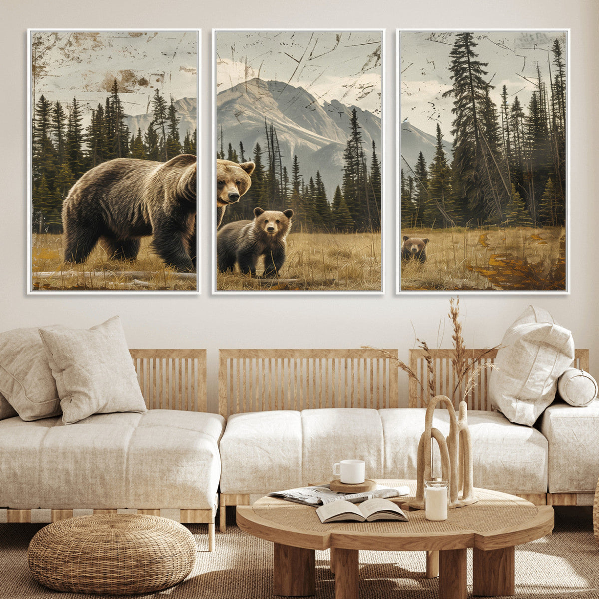 Rustic Grizzly 399 Bear Family Wall Art Canvas Print