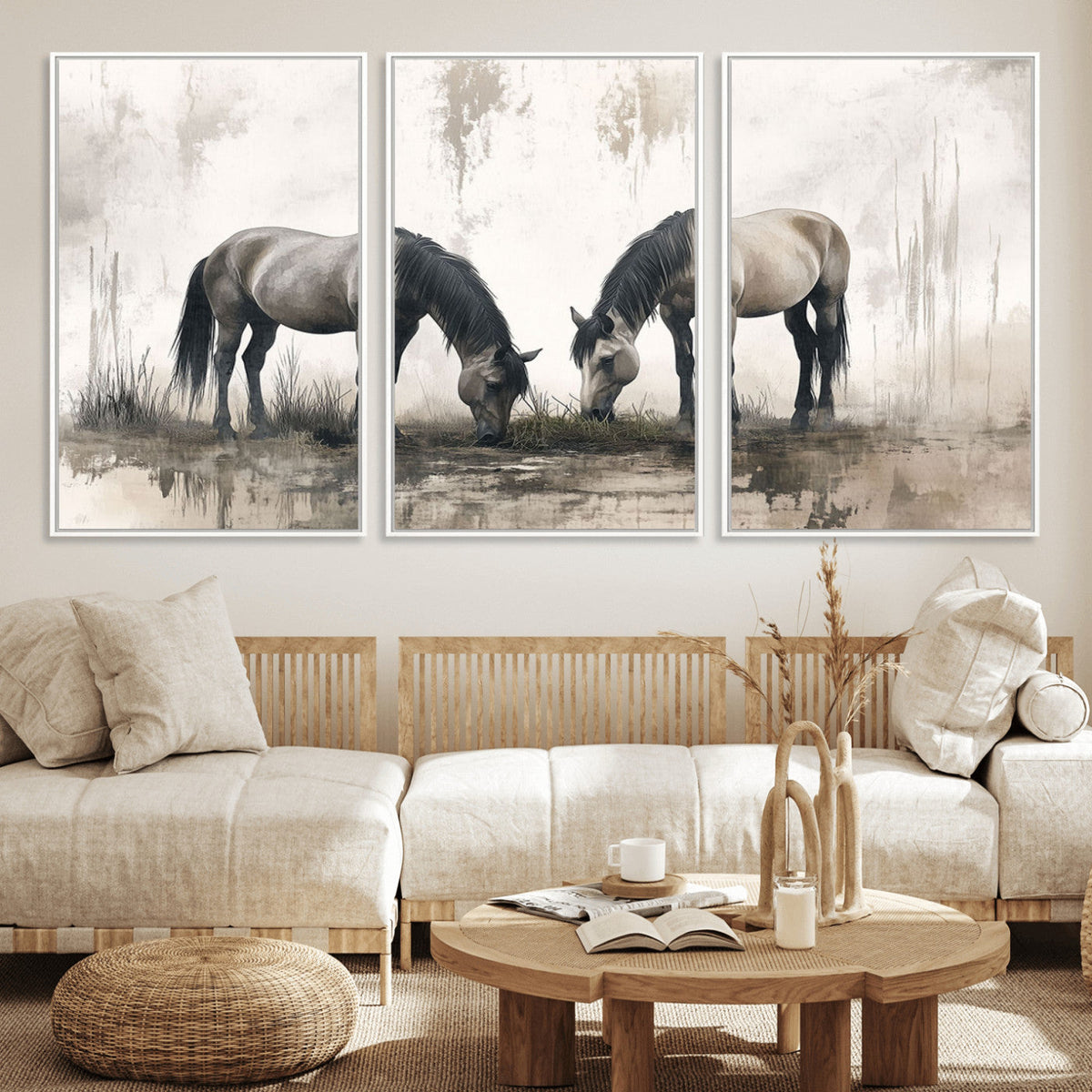 Chines Ink Style Vintage Horses Wall Art Canvas Print for