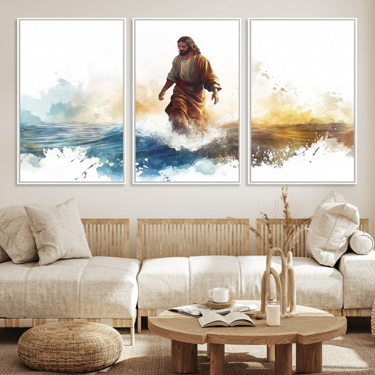 Watercolor Jesus Walking Wall Art Print, Jesus Water Canvas