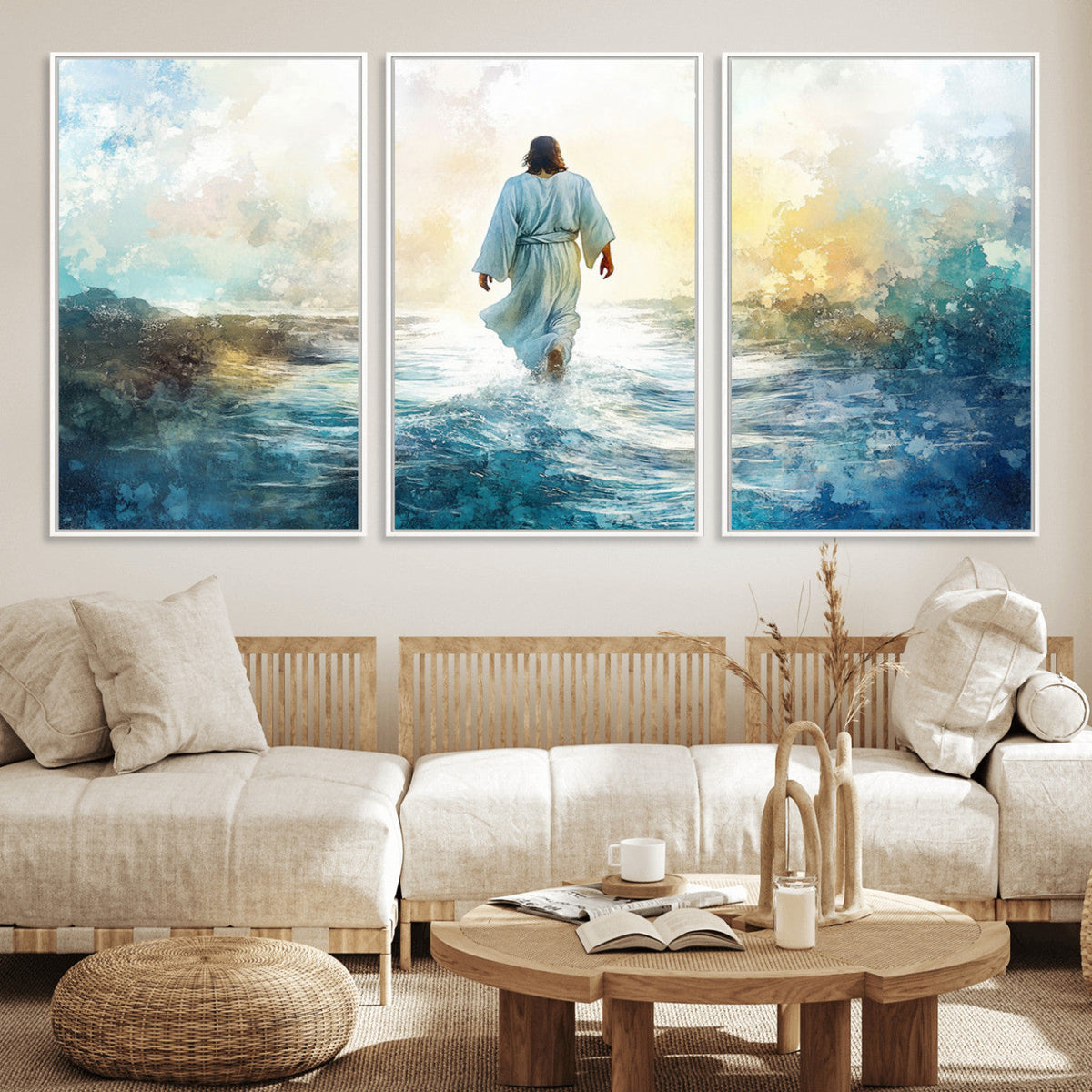 Watercolor Jesus Walking on Water Canvas Print, Christian