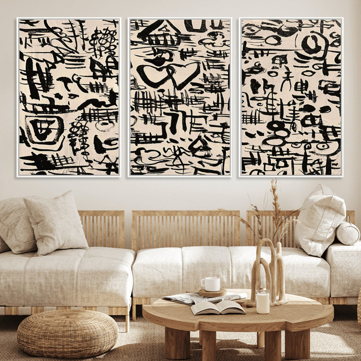 Abstract Love and Chaos Canvas Print, Black Symbols on Beige