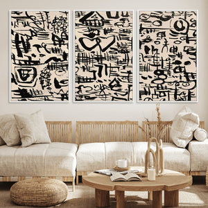 Abstract Love and Chaos Canvas Print, Black Symbols on Beige