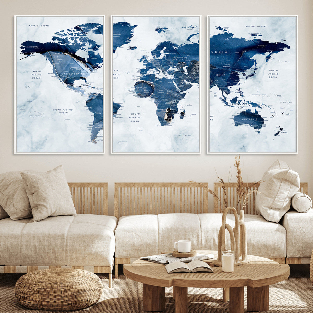 Modern Blue World Map Canvas Print – Framed Wall Art,