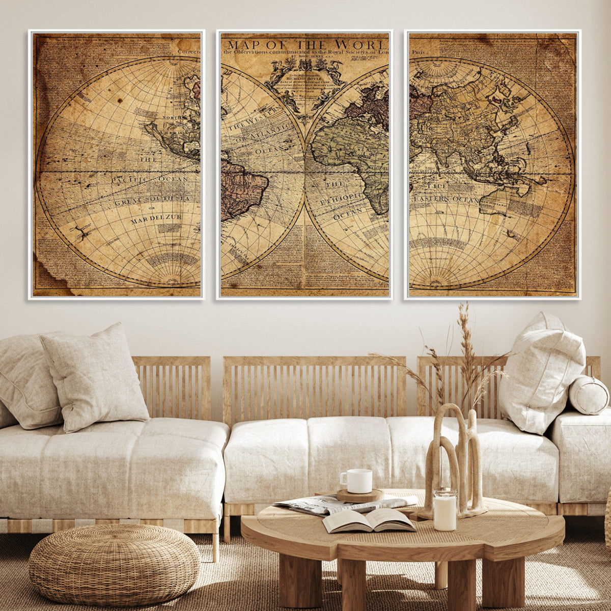 Vintage World Map Wall Art Canvas – Antique Style Push Pin