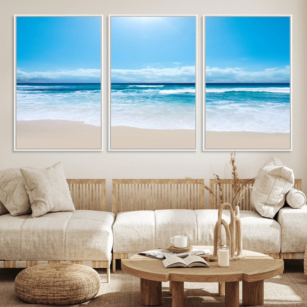 Wall Art Canvas Print Shiny Blue Sea and Beach