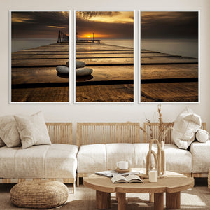 Stones on Wooden Pier at Sunset Canvas Print, Serene Coastal