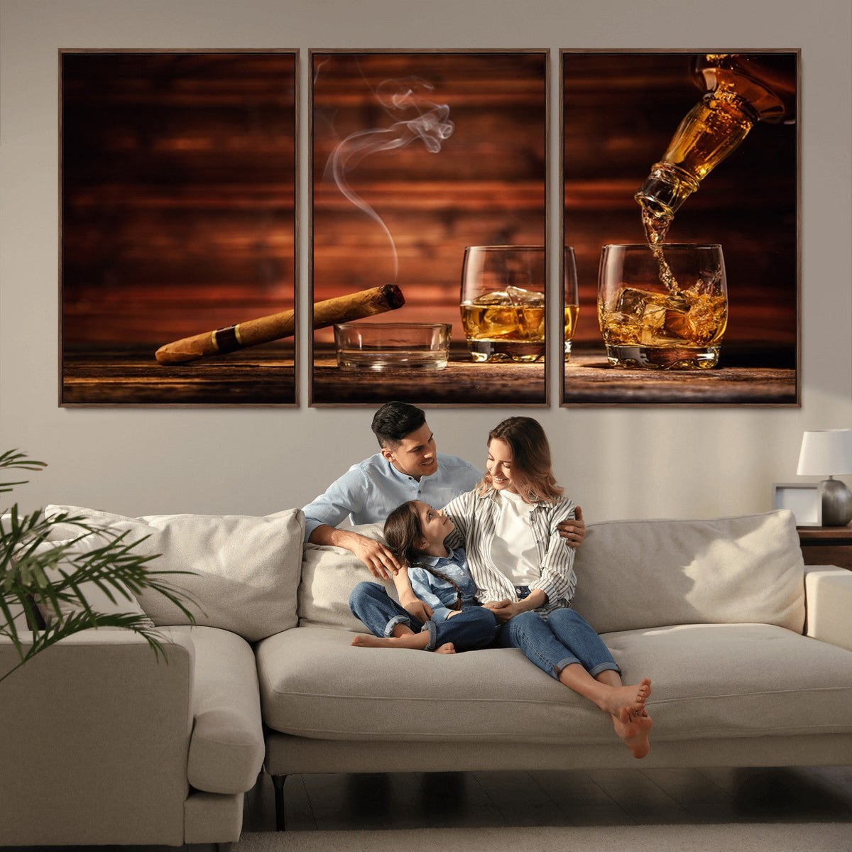 Whiskey and Cigar Wall Art Canvas | 3 Panel Bar Room Decor