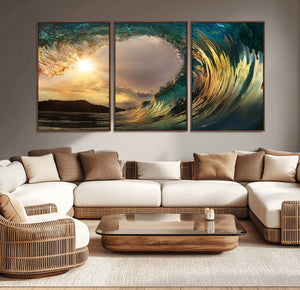Golden Wave Sunset Canvas Print – Large Coastal Wall Art for