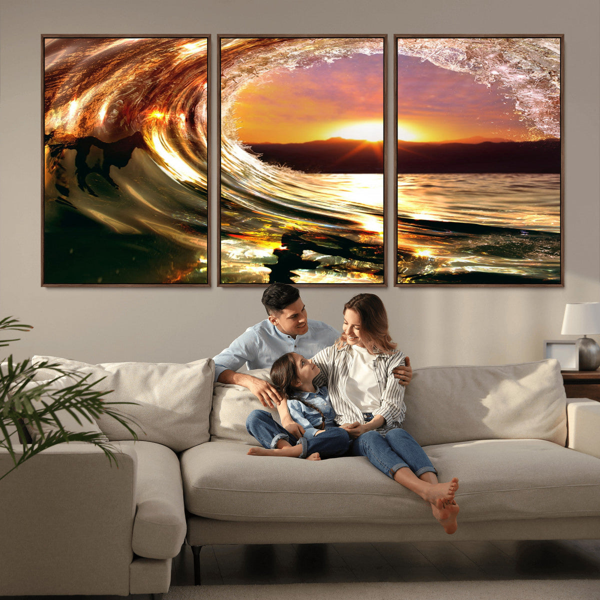 Golden Wave Sunset Triptych Canvas Art, Giclee Canvas Print