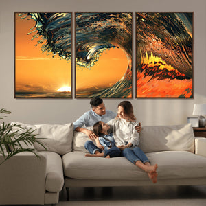 Surf Wave Sunset Canvas Wall Art Print, 3-Panel Ocean