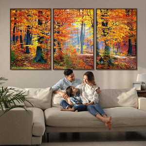 Autumn Red Forest Triptych Canvas Wall Art Print, Forest