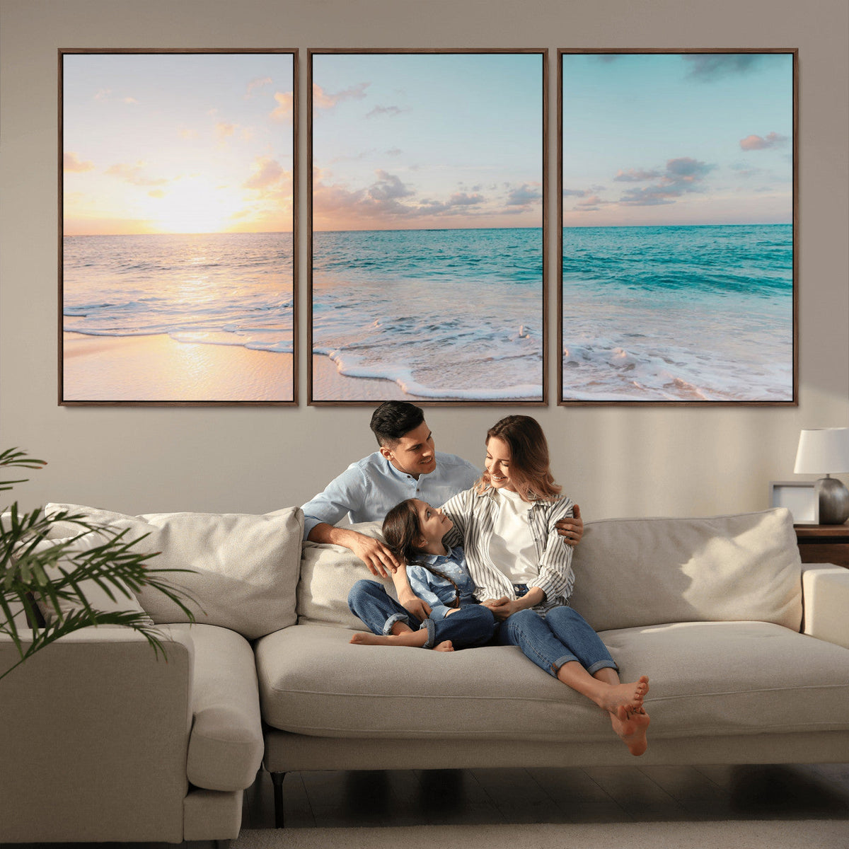 Tranquil Ocean Beach Sunset Canvas Wall Art | 3-Panel