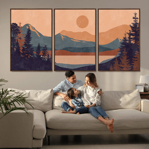 Modern Boho Sunset Canvas Print, Mountain Landscape Triptych