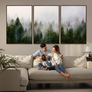 Misty Pine Forest Wall Art Canvas Print | 3 Panel Green