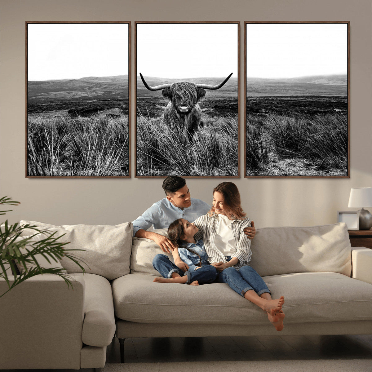 Black and White Highland Cow Canvas Wall Art, Longhorn