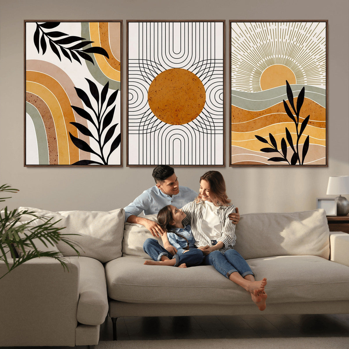 Modern Boho Sun and Leaf Abstract Art – 3-Panel Giclée