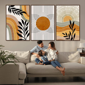 Modern Boho Sun and Leaf Abstract Art – 3-Panel Giclée