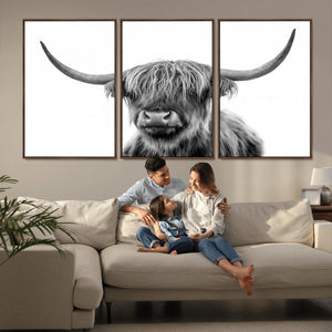 Grayscale Scottish Highland Cow Cattle Art Print Farmhouse