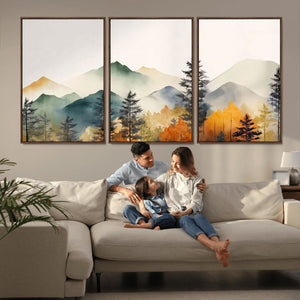 Abstract Watercolor Mountains and Trees Autumn Wall Art,
