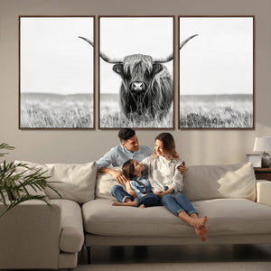 Highland Cow Canvas Wall Art – Majestic Beauty in Black and