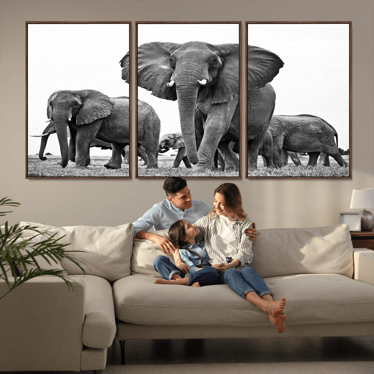 Black White Elephant Family Wall Art Canvas Print