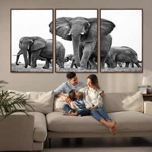 Black White Elephant Family Wall Art Canvas Print