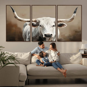 White Longhorn Bull Wall Art Canvas Print – Framed and Ready