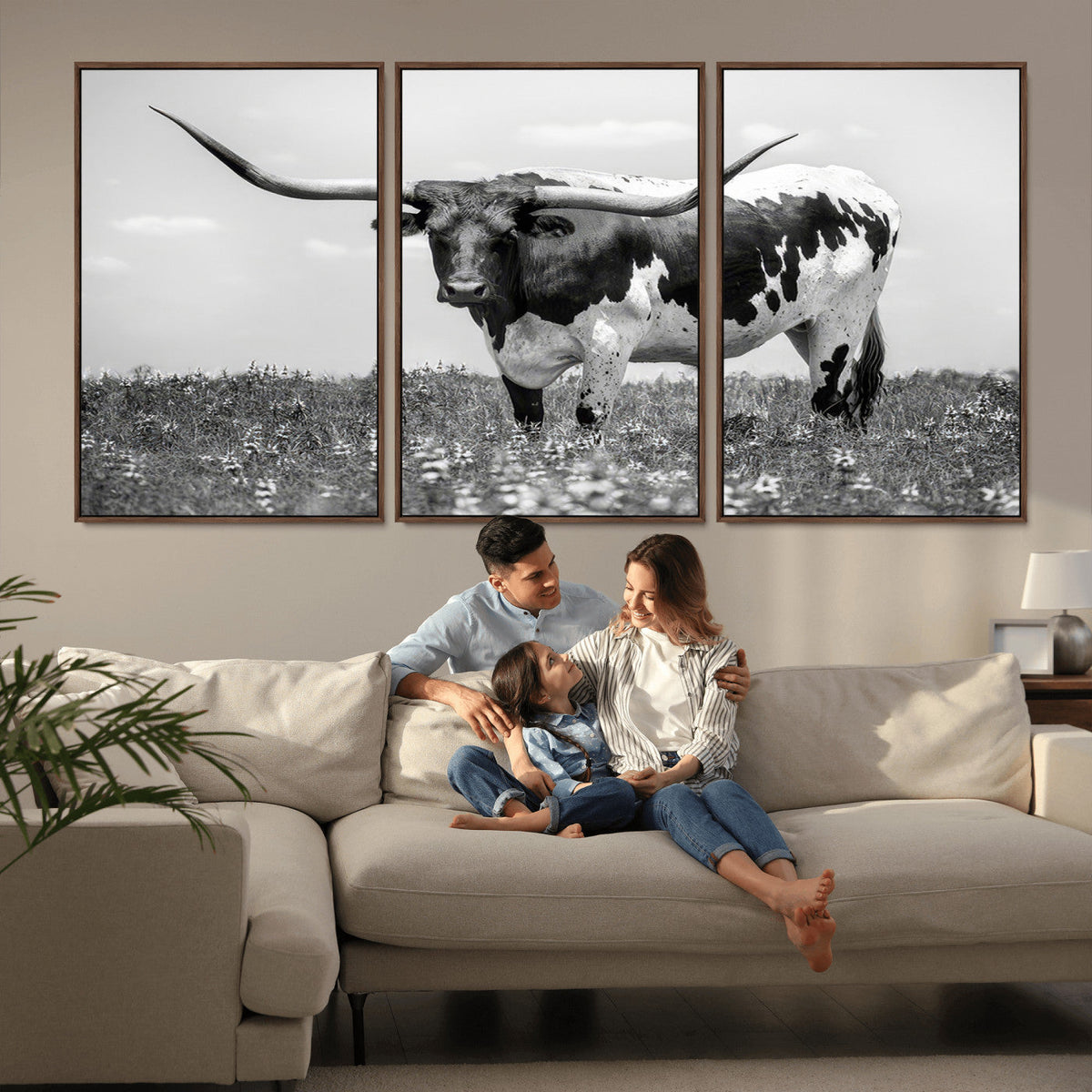 Texas Black White Highland Longhorn Cow Wall Art Canvas