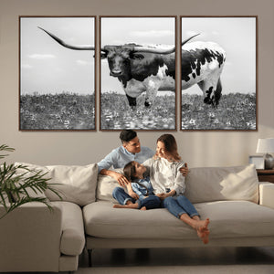 Texas Black White Highland Longhorn Cow Wall Art Canvas