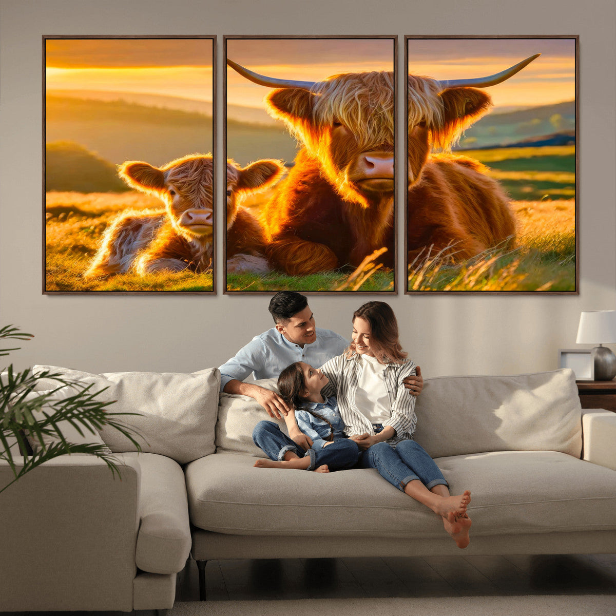 Scottish Cow and Baby Cow Canvas Wall Art Animal Print