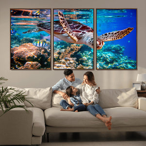 Underwater Coral Reef Sea Turtle Wall Art Canvas Print,