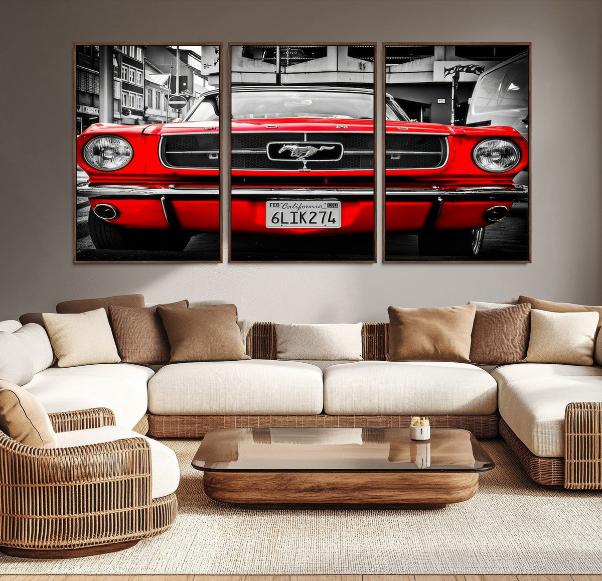 Red Mustang Car Wall Art – Framed Classic Vehicle Canvas