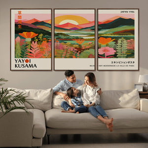 Framed Yayoi Kusama Print, Vibrant Floral Mountain Art