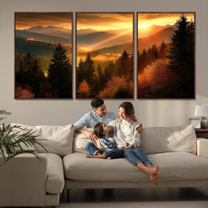 Golden Sunset Over Mountain Forest Canvas Wall Art Print -