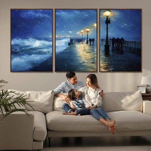 Storm Ocean Pier Canvas Wall Art Print - Large Moody Night