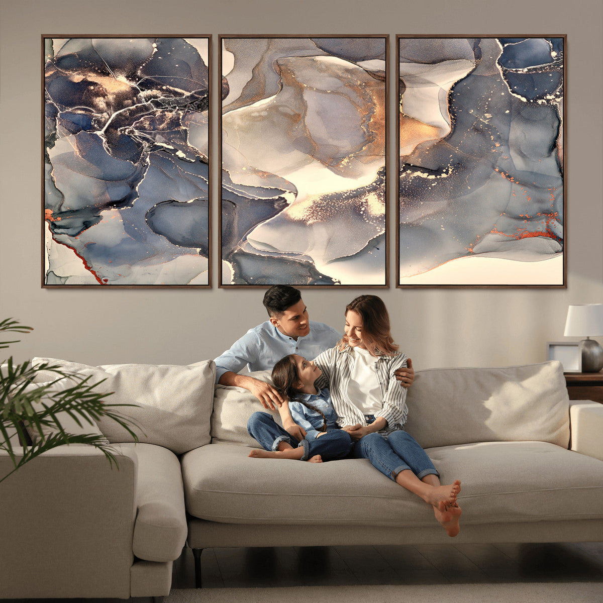 Abstract Blue and Gold Wall Art - Fluid Ink Artwork - Modern