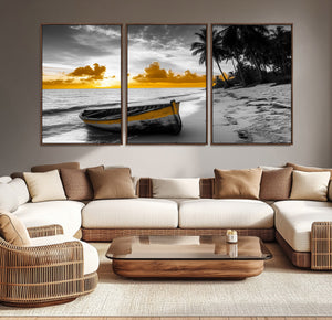 Yellow Rowboat Wall Art – Framed Tropical Shoreline Canvas