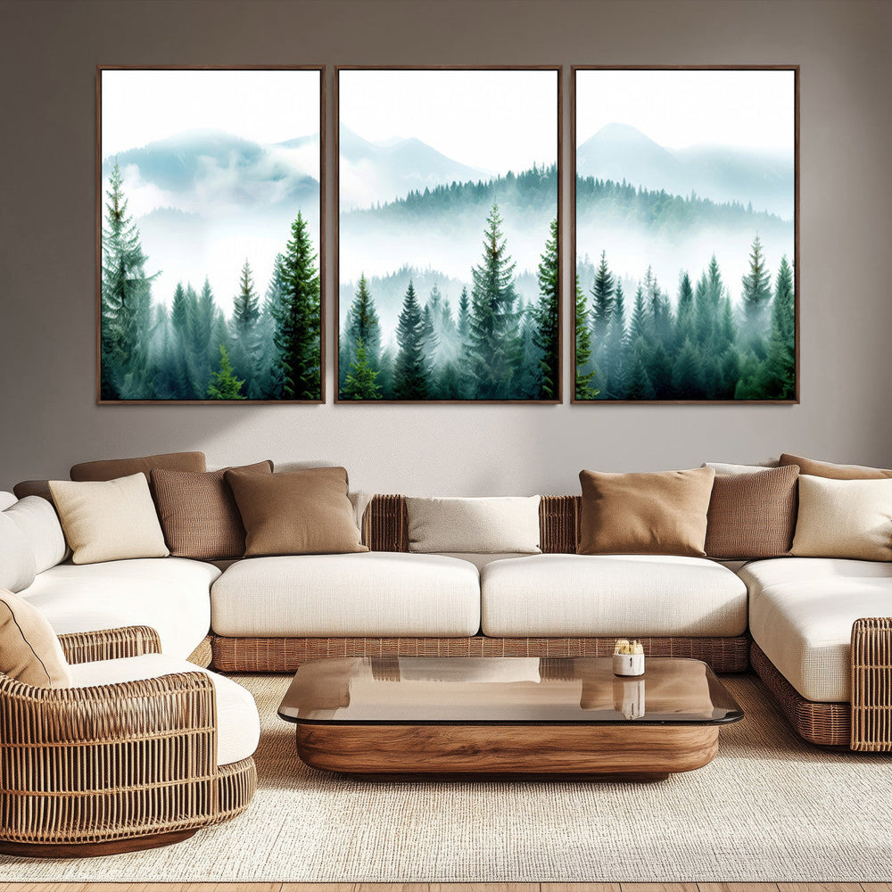 Pine Forest Wall Art Canvas Print – Misty Mountains Foggy