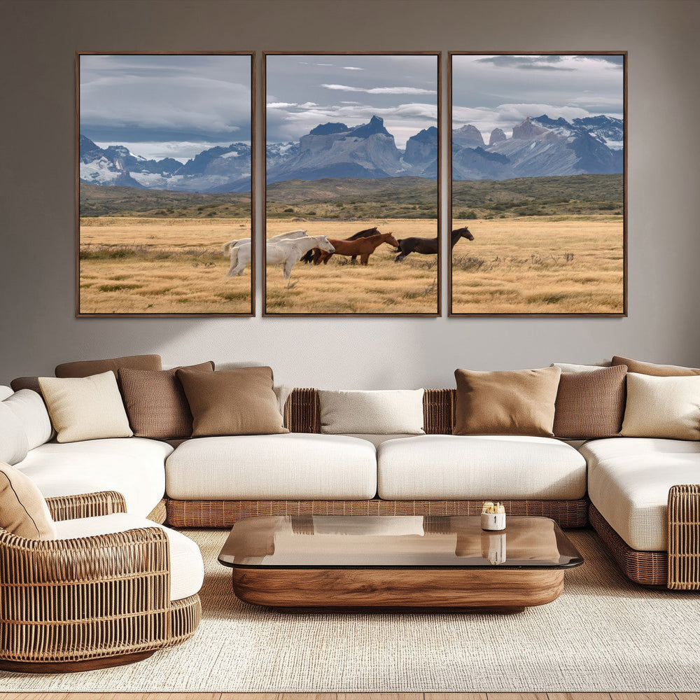 Grand Teton Park Wild Horses Wall Art Canvas Print – Framed