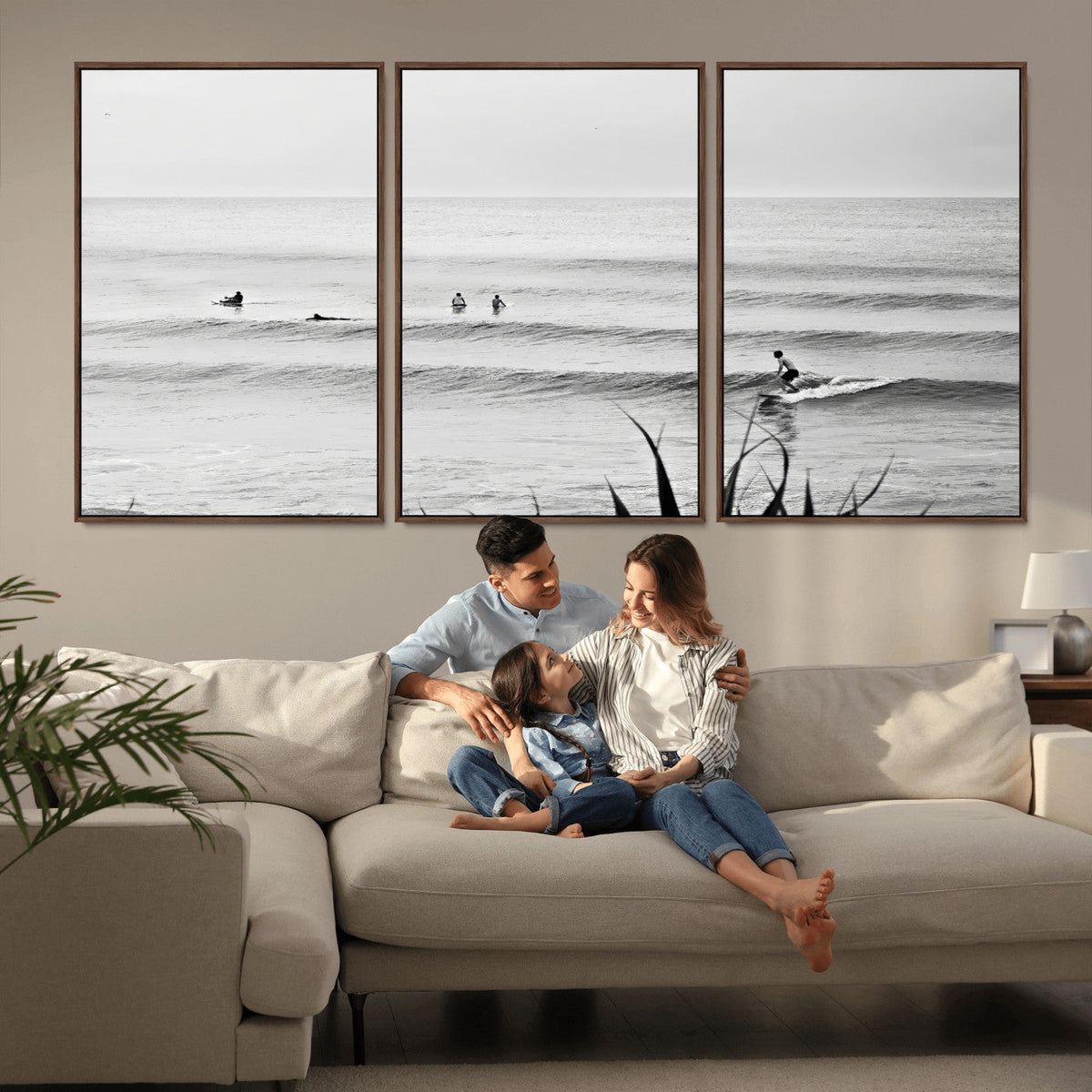 Surfer Silhouette Wall Art – Framed Calm Ocean Canvas