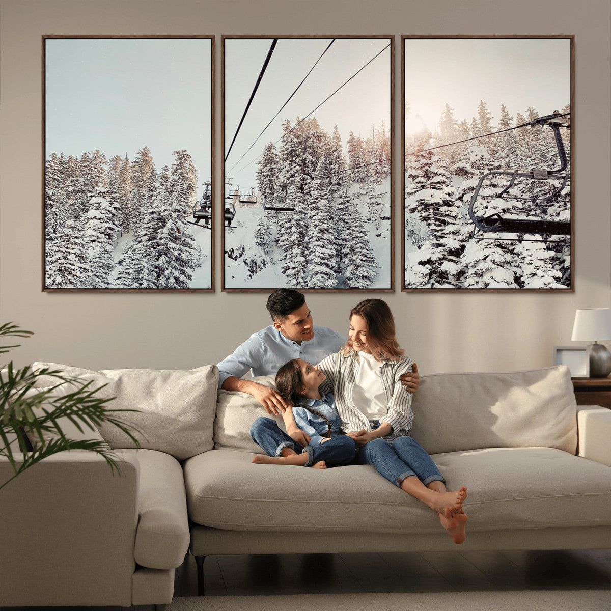 Frosty Pines Wall Art Canvas Print – Framed Cozy Cabin Ski