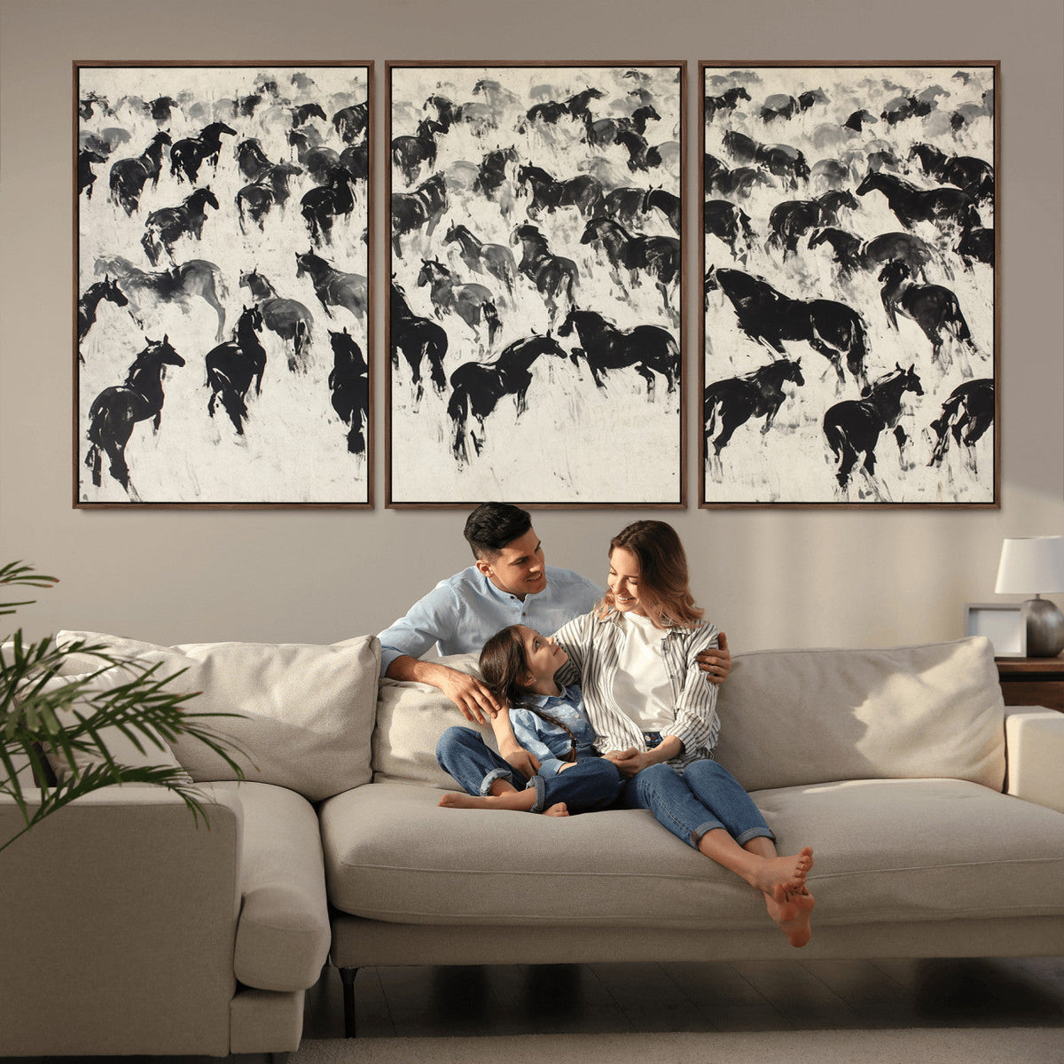 Wild Horse Stampede Wall Art Canvas Print – Monochrome