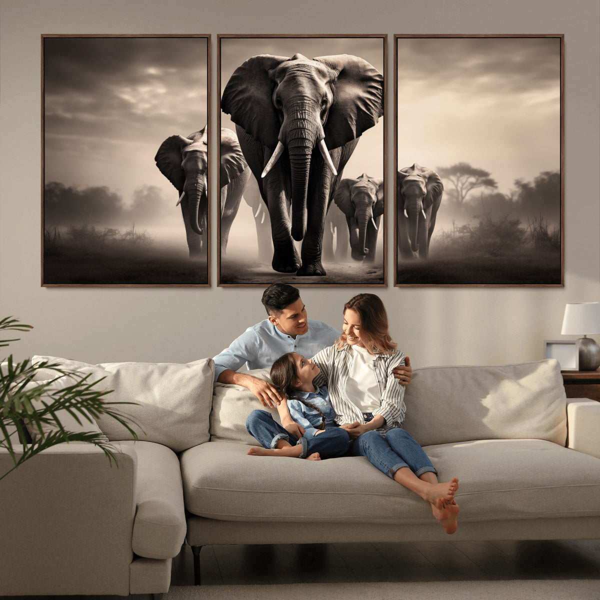 Elephant Family Wall Art Canvas Print, Framed Elephant Wall
