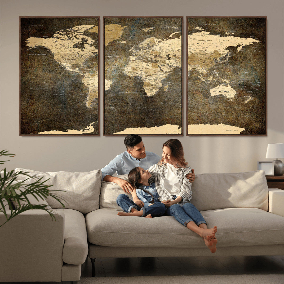 Large Framed Vintage World Map Wall Art Print for Home Wall