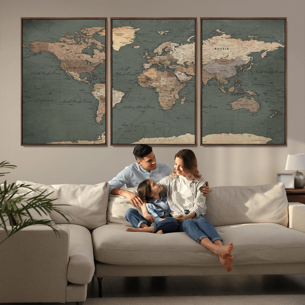 Rustic Black and Wood World Map Canvas Wall Art – Framed