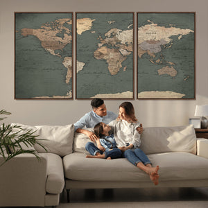 Rustic Black and Wood World Map Canvas Wall Art – Framed