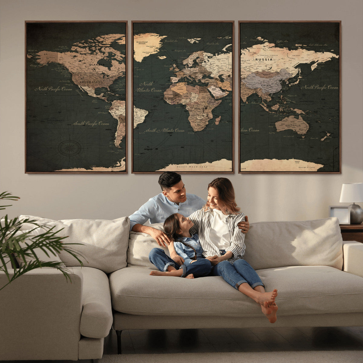 Vintage World Map Canvas Wall Art – Framed Travel Map for