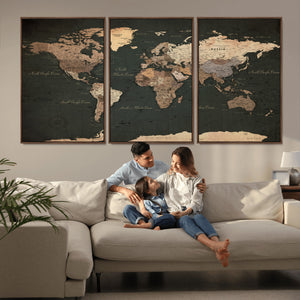 Vintage World Map Canvas Wall Art – Framed Travel Map for