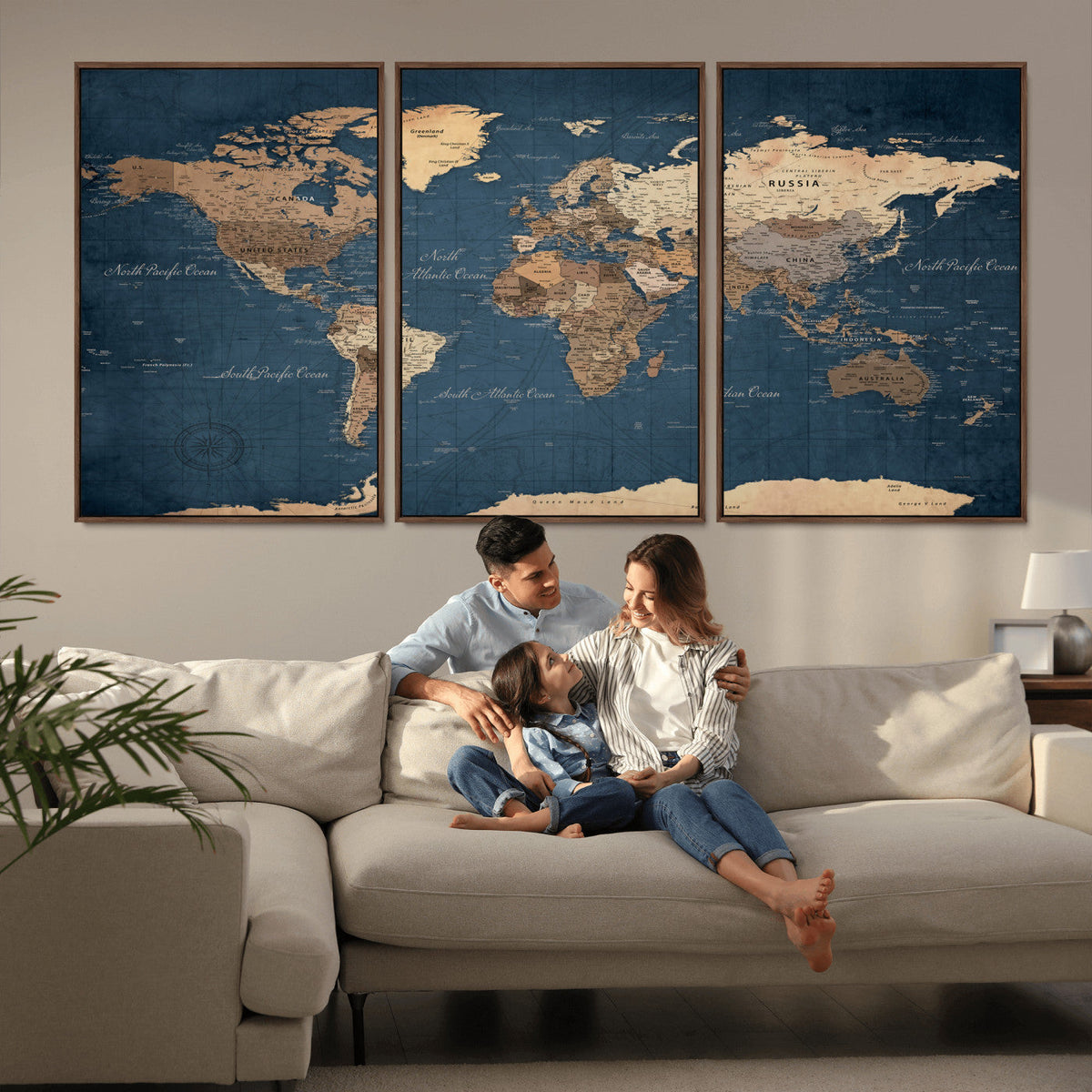 Navy Blue World Map Canvas Print – Framed Travel Map Wall
