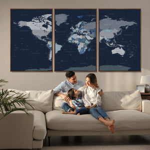 Blue Detailed World Map Wall Art Canvas Print, Modern Framed